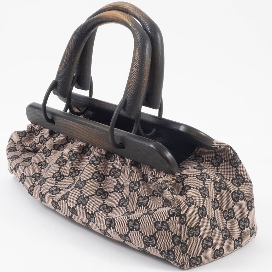 GUCCI GG Canvas Wood Handle Handbag Womens Beige Leather 112688 Preowned Auth4