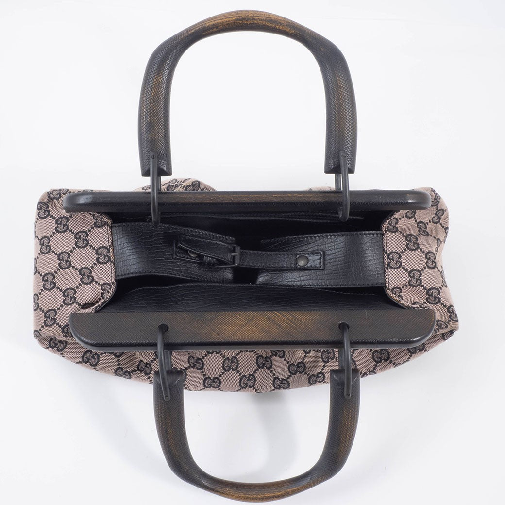 GUCCI GG Canvas Wood Handle Handbag Womens Beige Leather 112688 Preowned Auth8