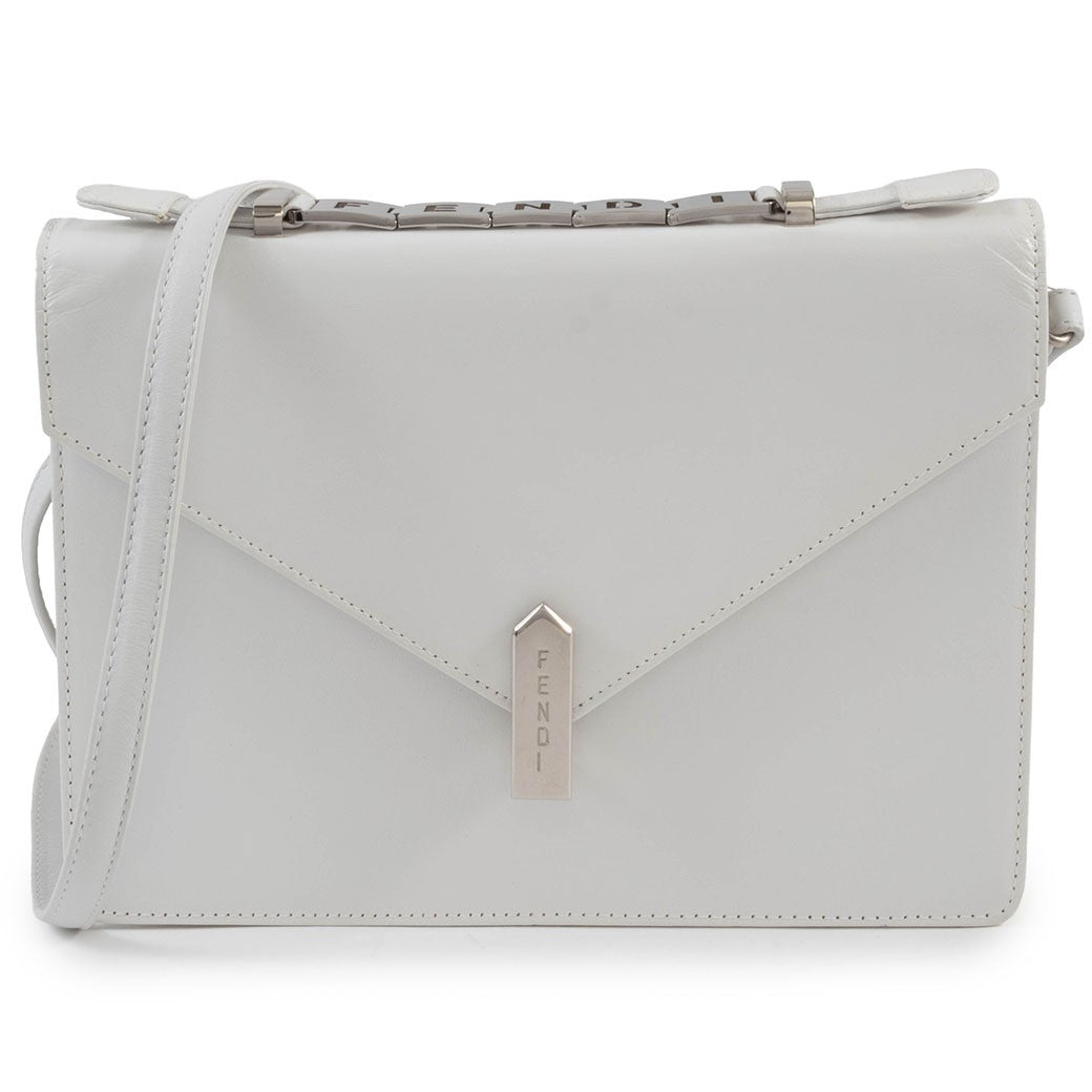 FENDI Logo Handle Shoulder Bag White Leather Convertible Crossbody Preowned0