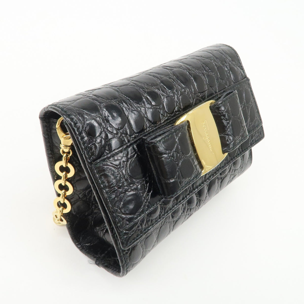 FERRAGAMO Vara Ribbon Chain Shoulder Bag Mini Black Leather Preowned Auth3