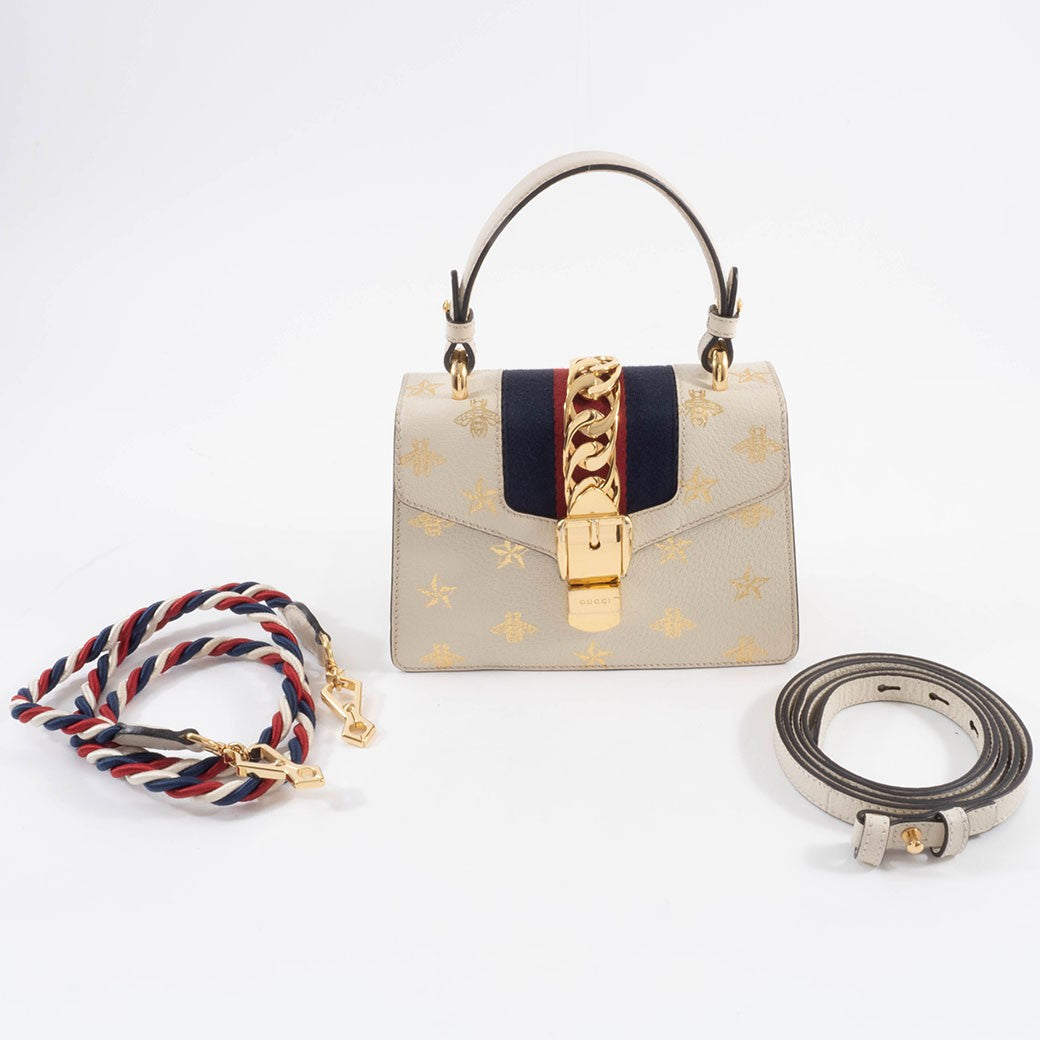 GUCCI Bee Star Mini Sylvie Convertible Handbag White Crossbody 470270 Preowned12