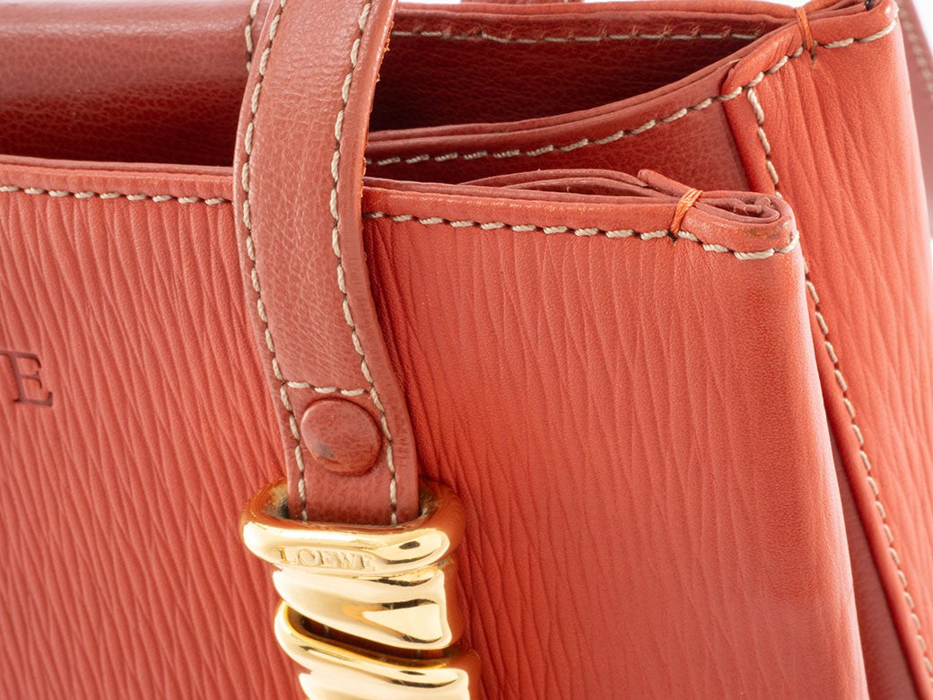 LOEWE Velazquez Shoulder Tote Bag Orange Leather Twisted Hardware Preowned16