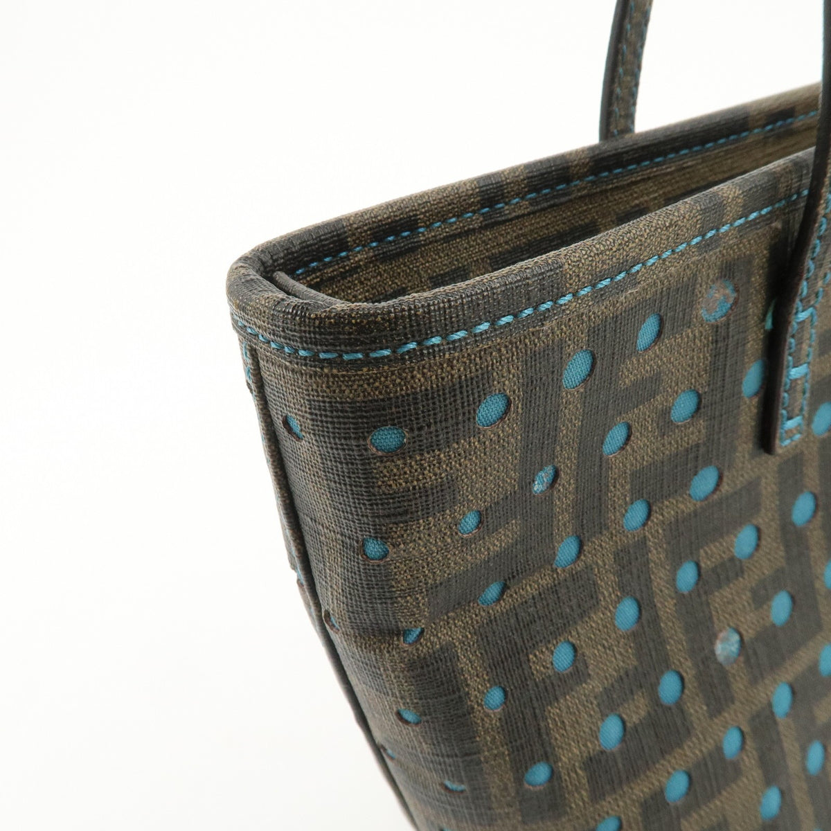 FENDI Tote Bag Zucca Nylon Punching Brown Black 8BH223 Authentic Used Reuse F/S16
