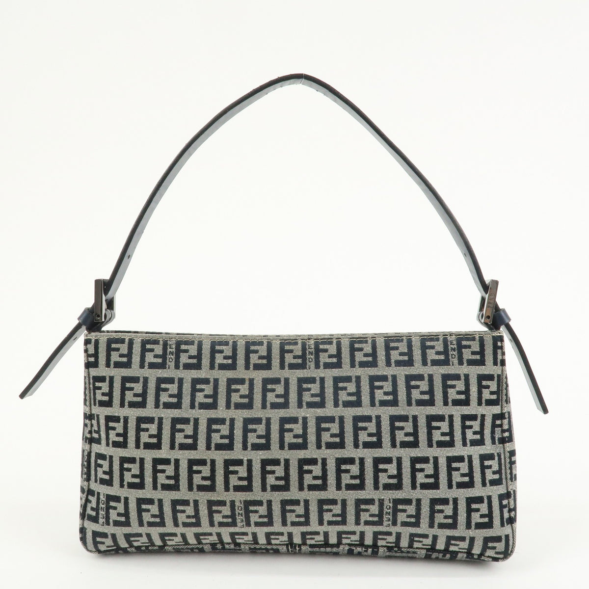 FENDI Zucchino Canvas Leather Shoulder Bag Navy Blue Logo 8BR042 Preowned Auth1