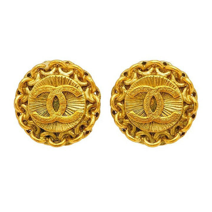 CHANEL Vintage Round Coco Earrings Chain Sunbeam 95P Gold Ladies Preowned Auth0
