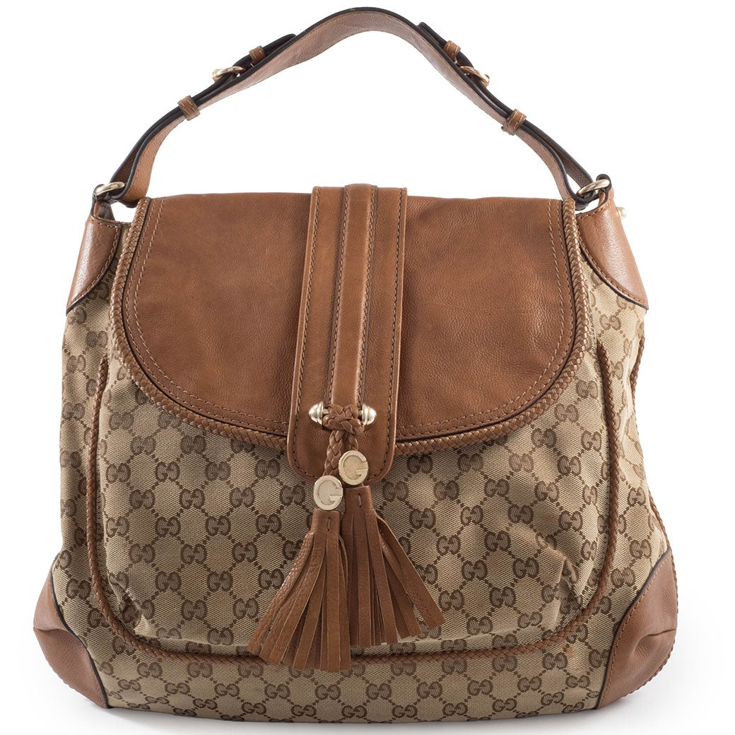 GUCCI Marrakech Hobo Bag GG Canvas Leather Tassel Beige Brown 257021 Preowned0