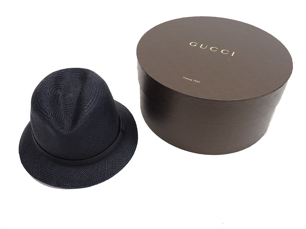GUCCI Italian Straw Folded Hat XL 60cm Navy Straw Hat Men's Panama Preowned9
