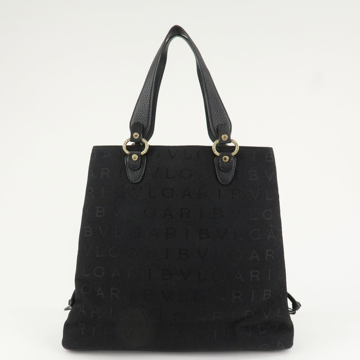 BVLGARI Logo Mania Canvas Leather Tote Bag Black Gold Hardware Auth Used F/S1