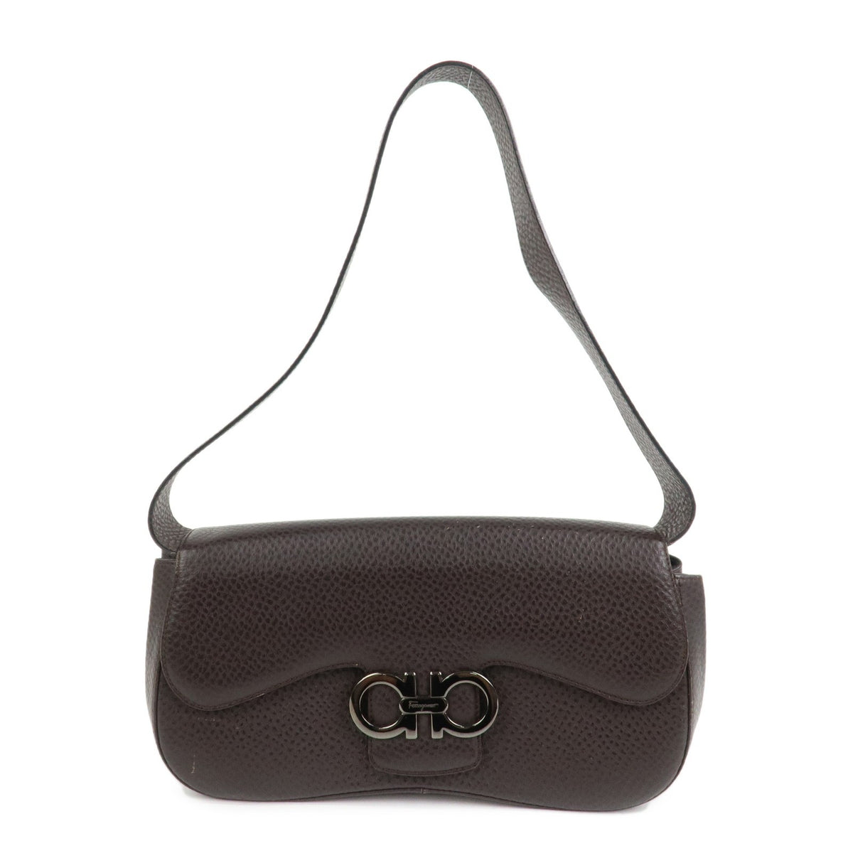 Ferragamo Gancini Logo Leather Shoulder Bag Hand Bag Brown Authentic Used F/S0