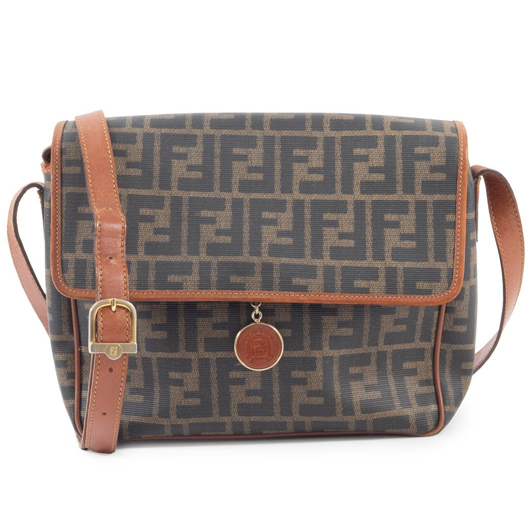 FENDI Zucca PVC Leather Crossbody Shoulder Bag FF Logo Flap Brown Preowned Auth0