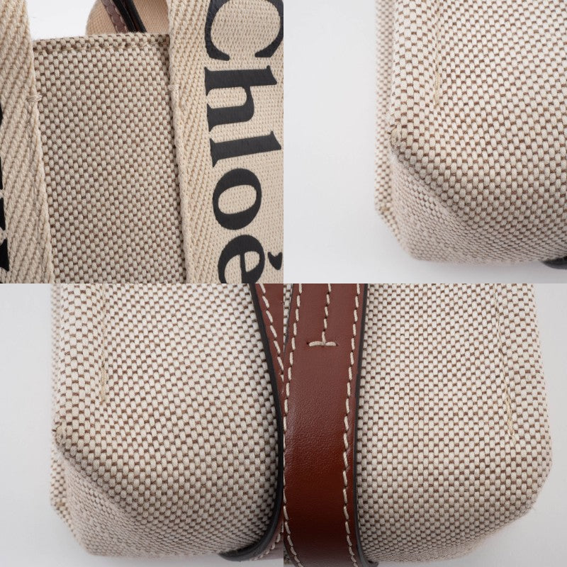 Chloe Woody Small Convertible Handbag Crossbody Bag Linen Brown White Preowned20