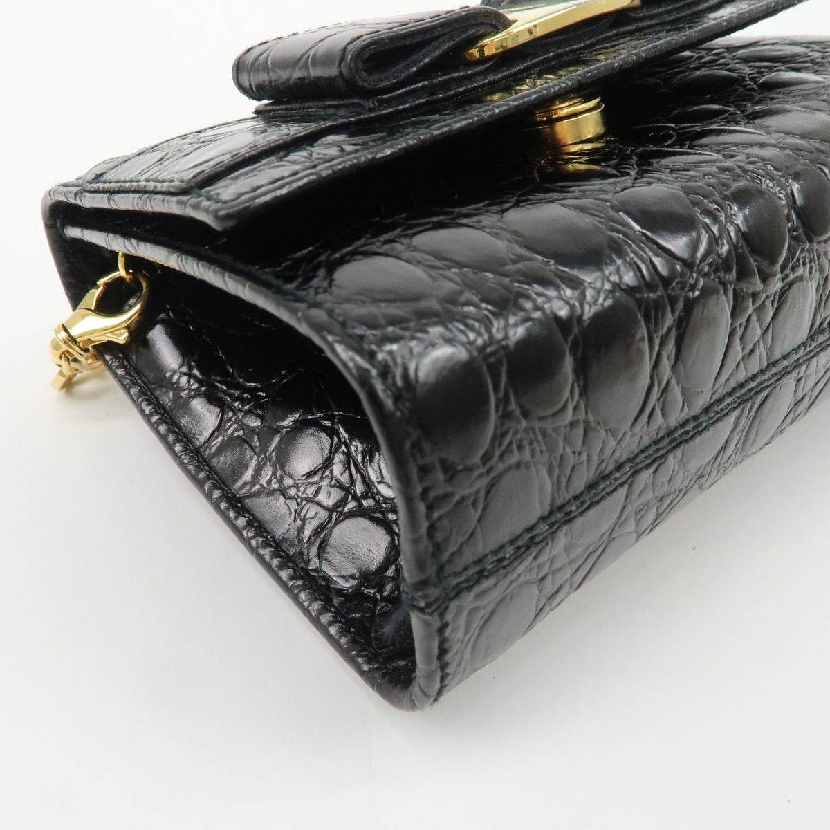 FERRAGAMO Vara Ribbon Chain Shoulder Bag Mini Black Leather Preowned Auth10