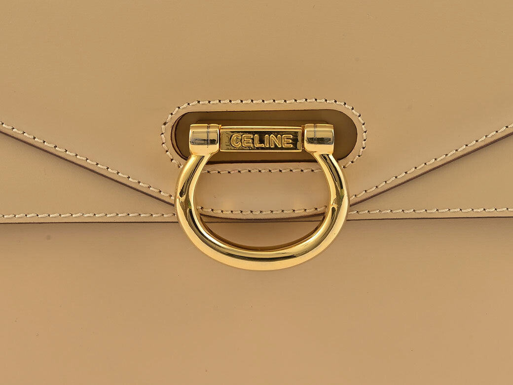 CELINE Old Celine Logo Ring W Flap Handbag Beige Leather Vintage Preowned Auth5
