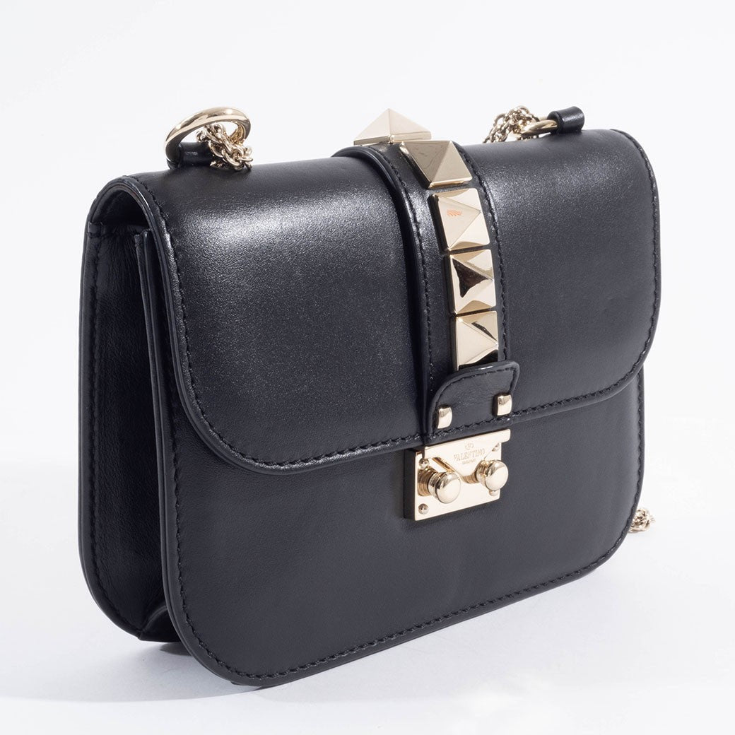 Valentino Garavani Rockstud Chain Shoulder Bag Black Leather Preowned Auth4