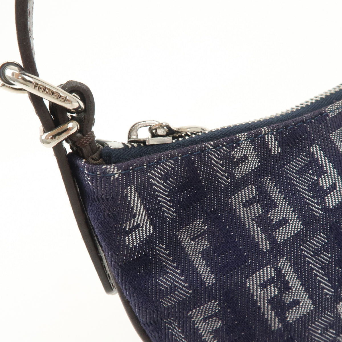 FENDI Zucchino Navy Blue Canvas Leather Hobo Shoulder Bag Slim Preowned Auth14