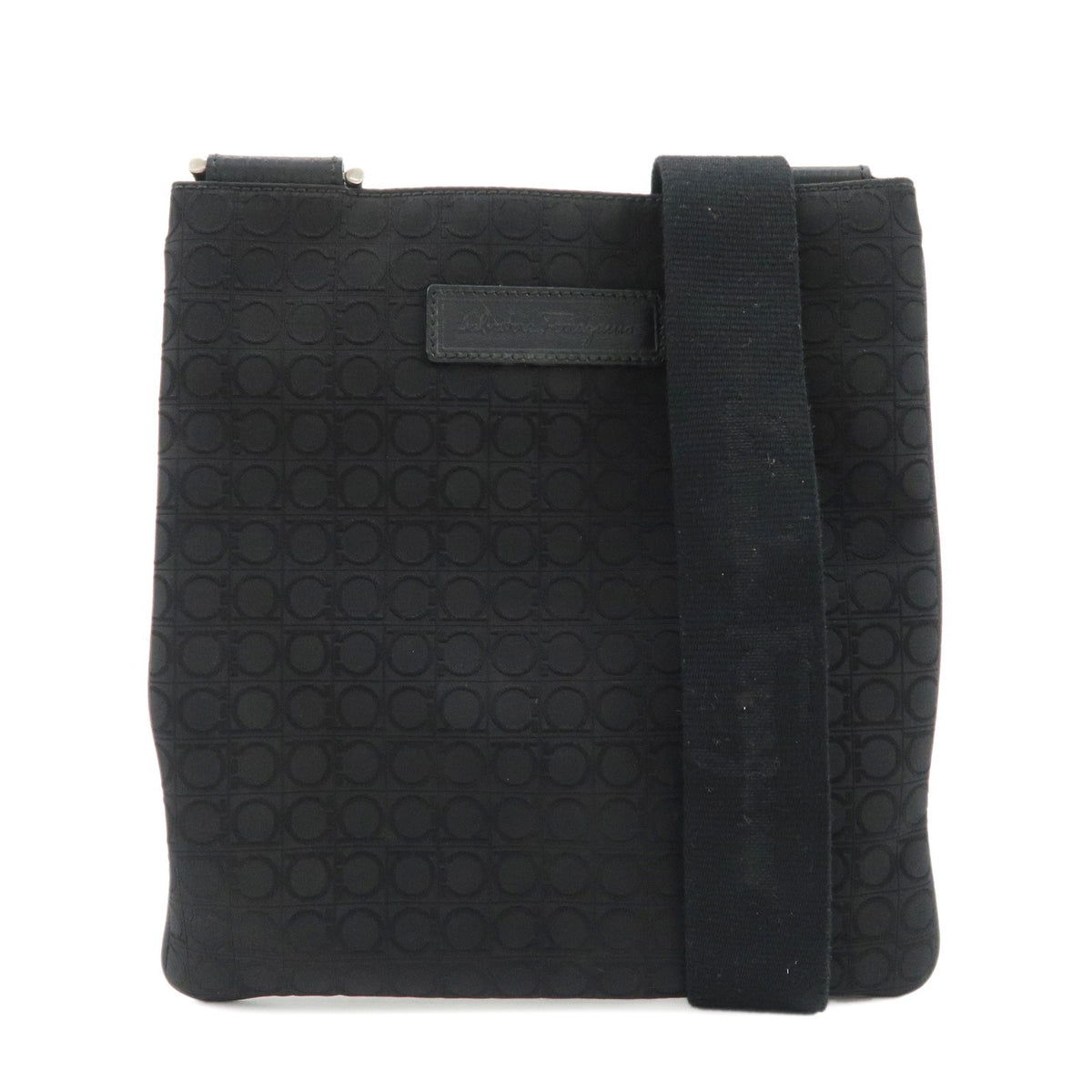 Ferragamo Gancini Canvas Shoulder Bag Black Silver HDW Authentic Used F/S0