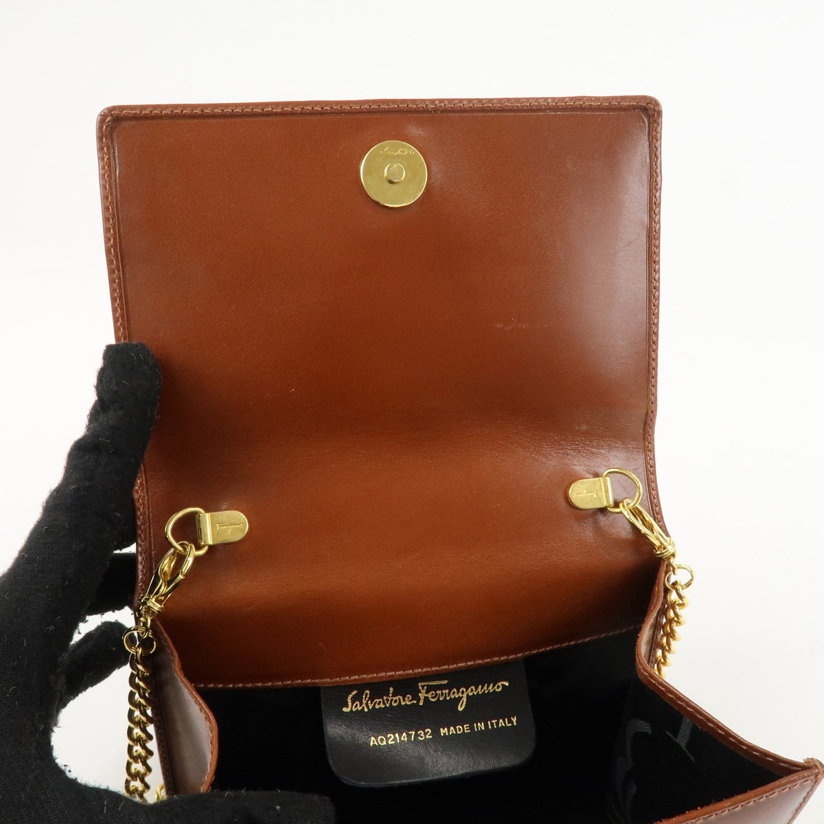 Ferragamo Gancini Leather Chain Shoulder Bag Brown Gold HDW Authentic Used F/S19