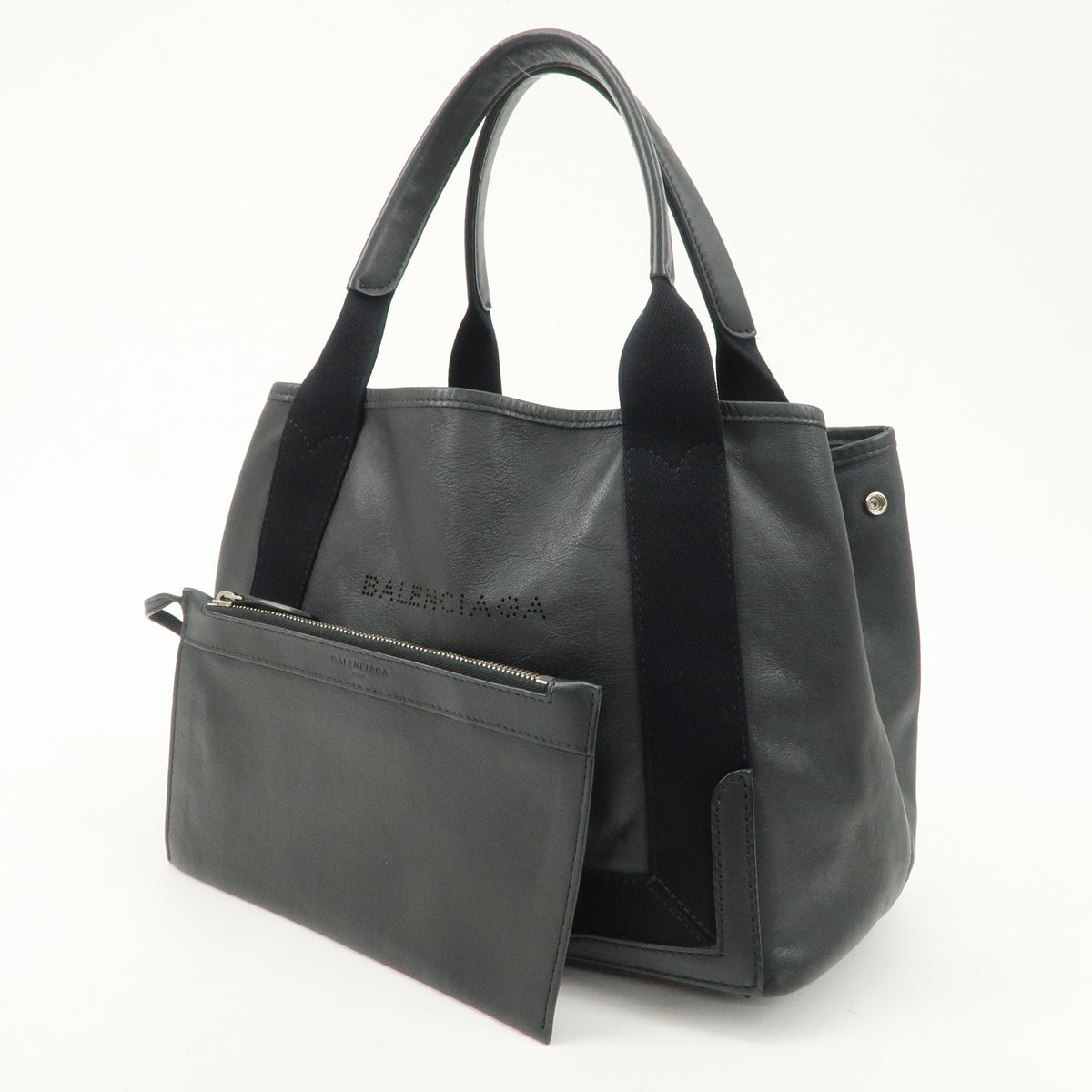 BALENCIAGA Leather Navy Cabas S Tote Bag Hand Bag Black 339933 Auth Used F/S22