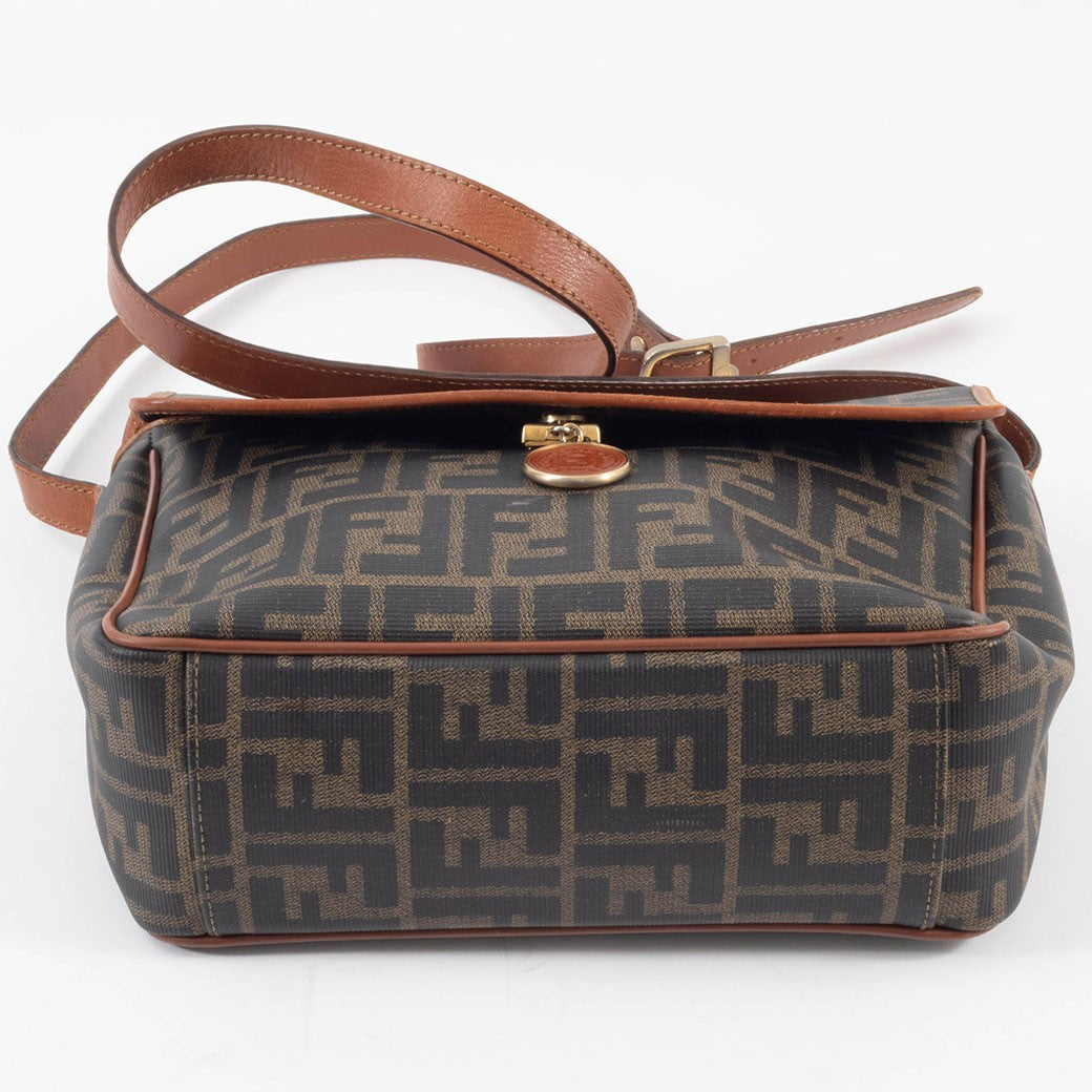 FENDI Zucca PVC Leather Crossbody Shoulder Bag FF Logo Flap Brown Preowned Auth7