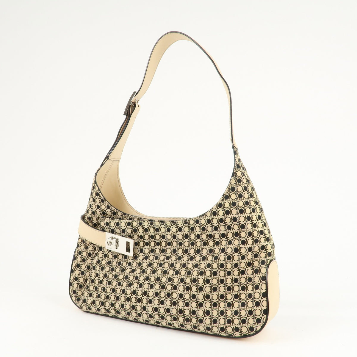 Ferragamo Gancini Hobo Shoulder Bag Canvas Leather Beige Black Preowned Auth2