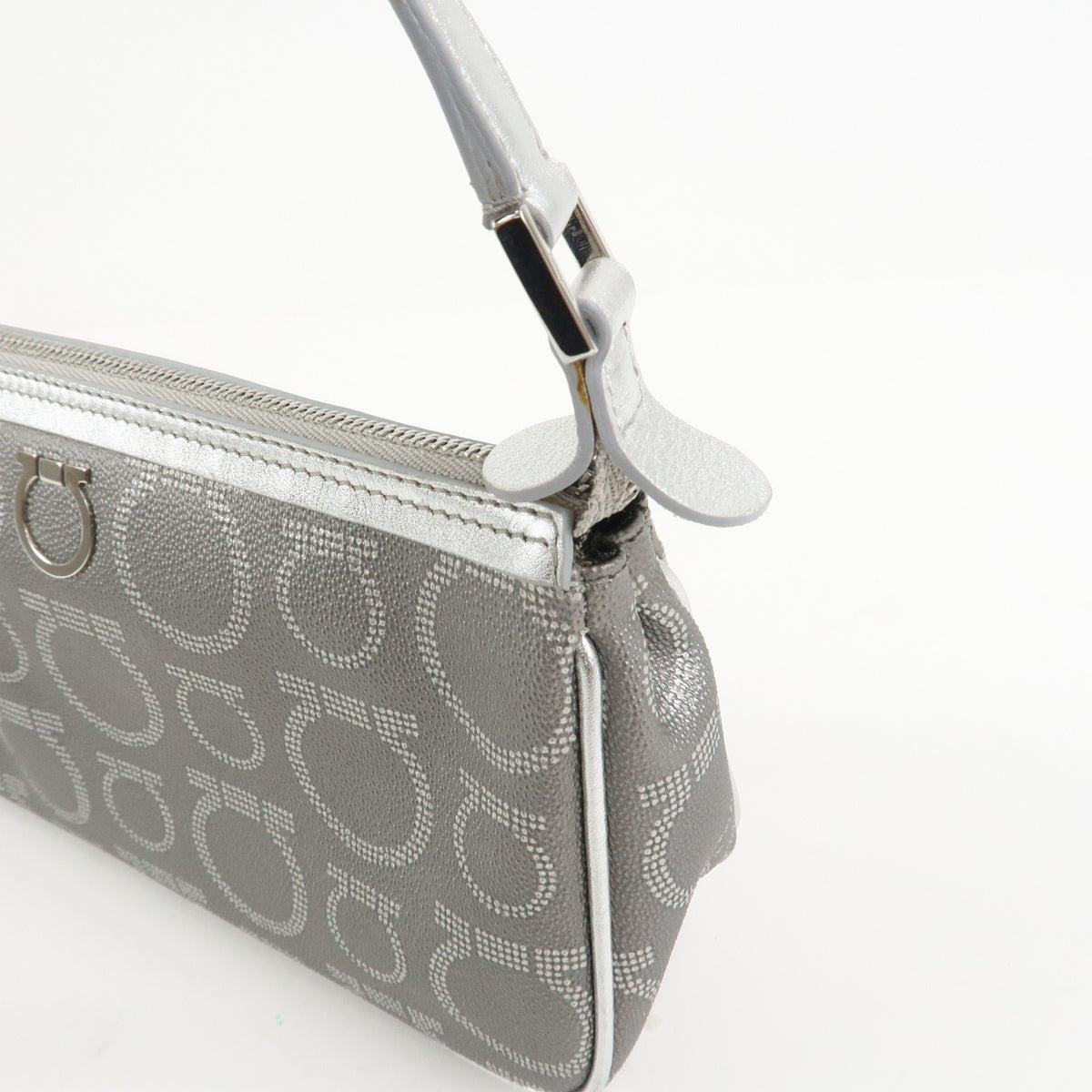 Ferragamo Gancini Logo Leather Shoulder Bag Hand Bag Silver Authentic Used F/S13