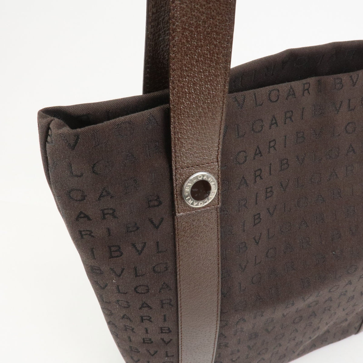 BVLGARI Logo Mania Canvas Leather Shoulder Bag Tote Bag Brown Authentic Used F/S14