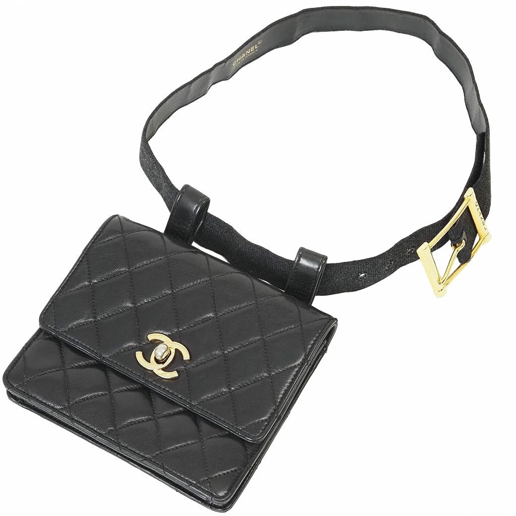 CHANEL Matelasse Waist Bag 70 Quilted Belt Bag Black Vintage Mini Preowned Auth0