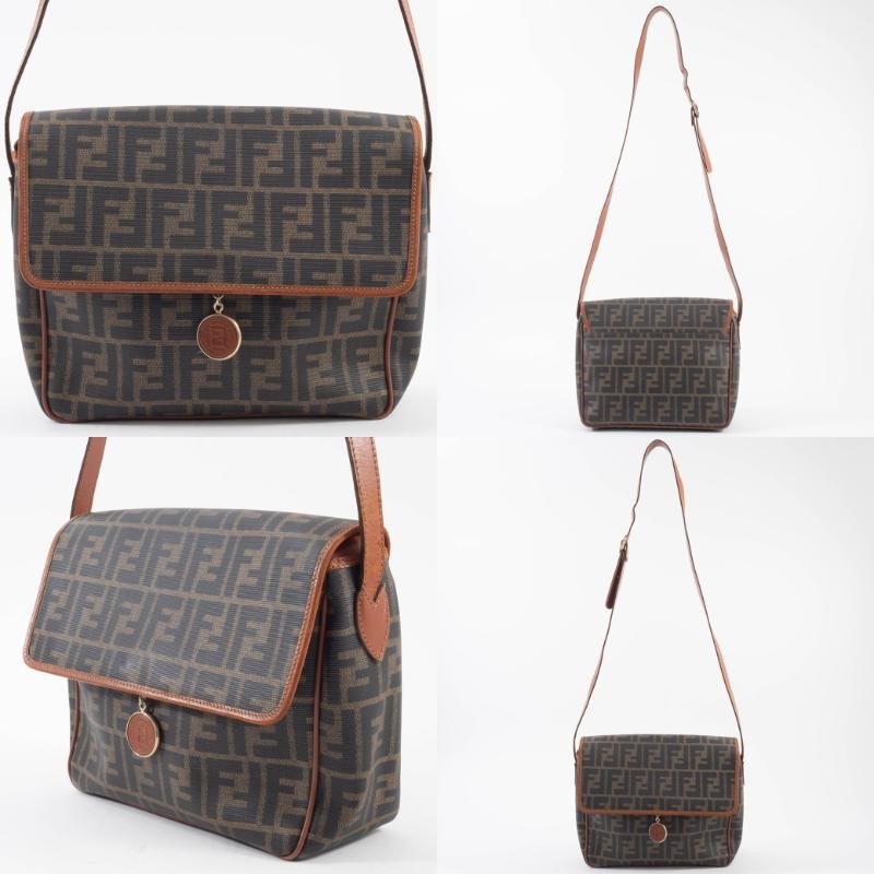 FENDI Zucca PVC Leather Crossbody Shoulder Bag FF Logo Flap Brown Preowned Auth8