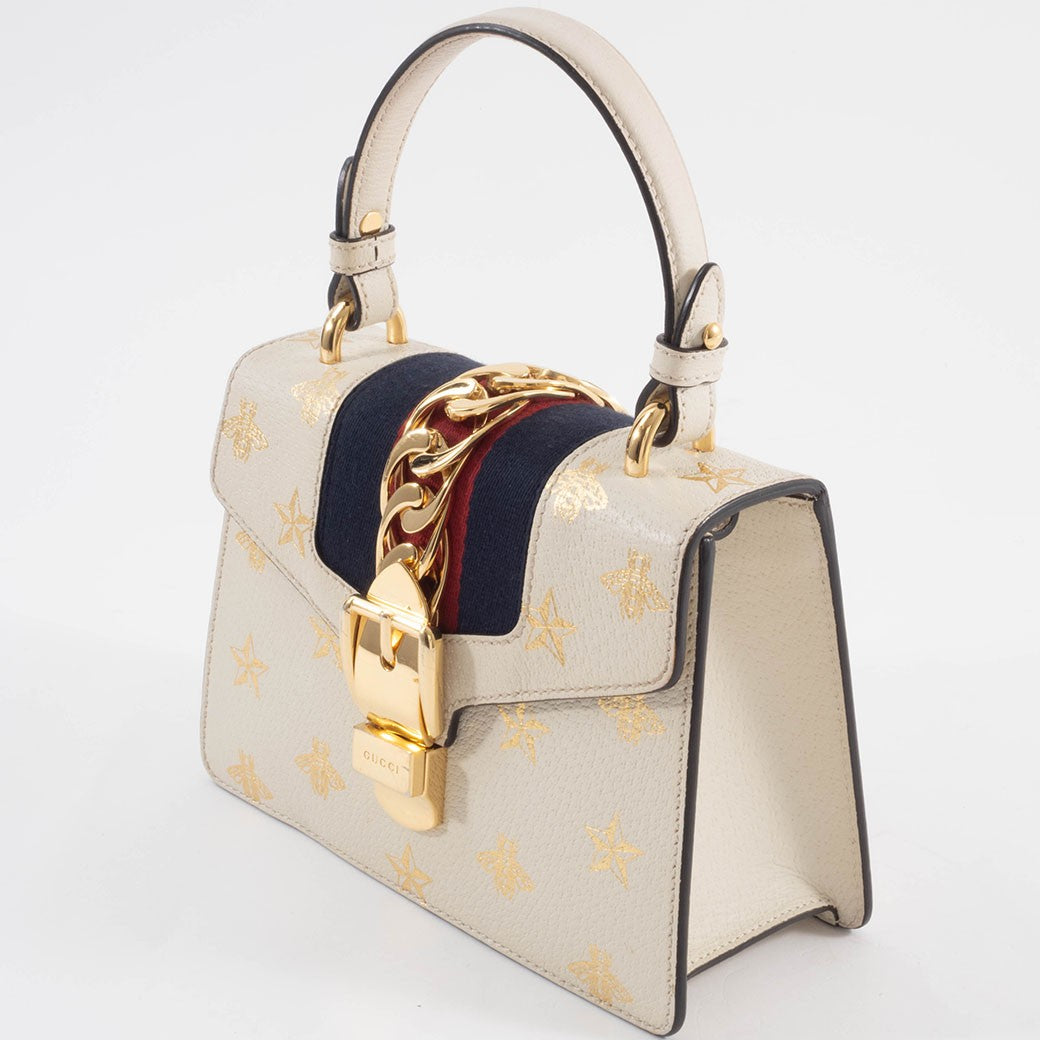 GUCCI Bee Star Mini Sylvie Convertible Handbag White Crossbody 470270 Preowned3