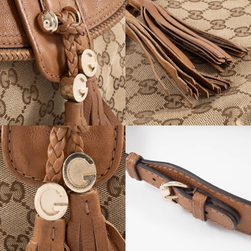GUCCI Marrakech Hobo Bag GG Canvas Leather Tassel Beige Brown 257021 Preowned12