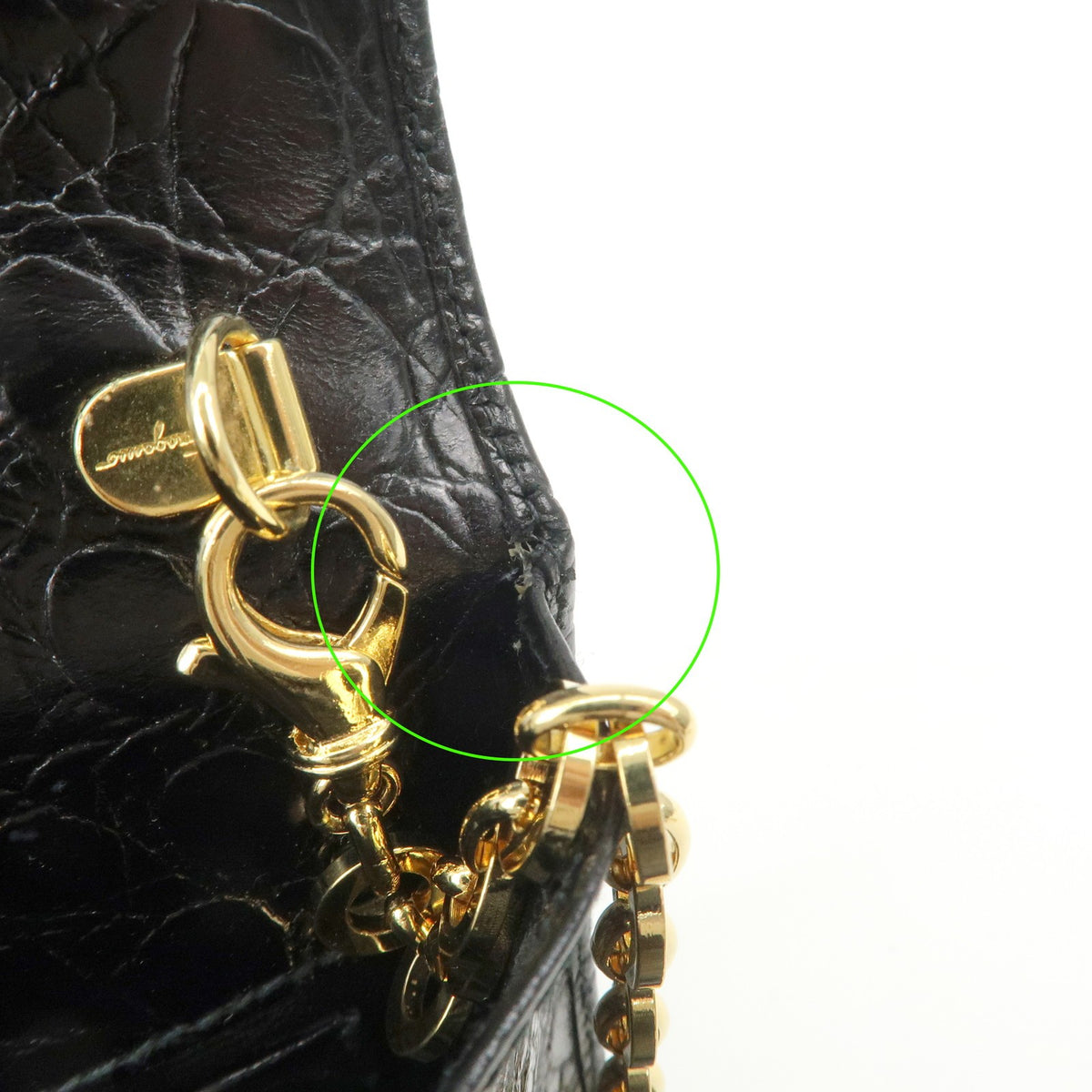 FERRAGAMO Vara Ribbon Chain Shoulder Bag Mini Black Leather Preowned Auth20