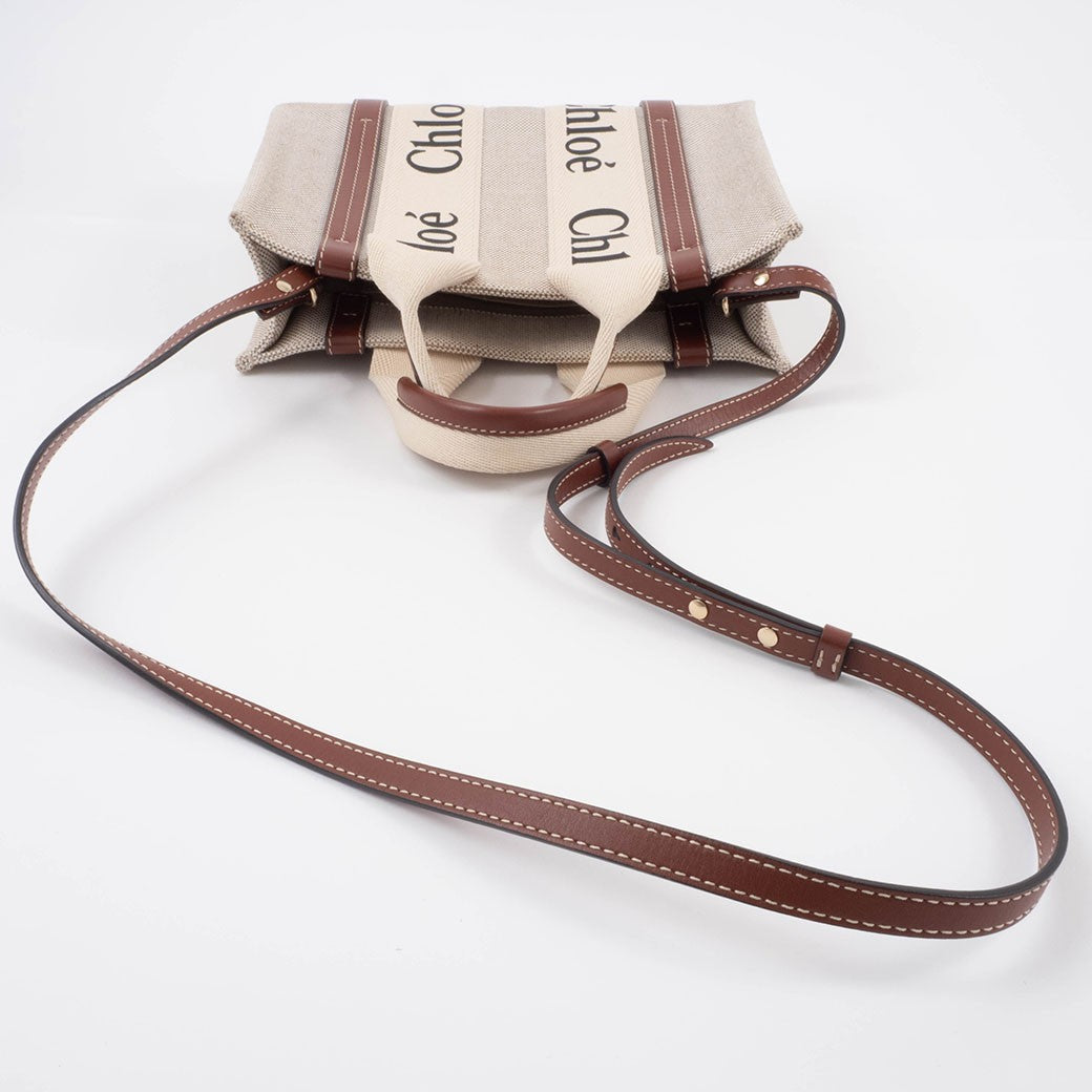 Chloe Woody Small Convertible Handbag Crossbody Bag Linen Brown White Preowned13