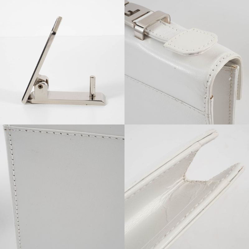 FENDI Logo Handle Shoulder Bag White Leather Convertible Crossbody Preowned14