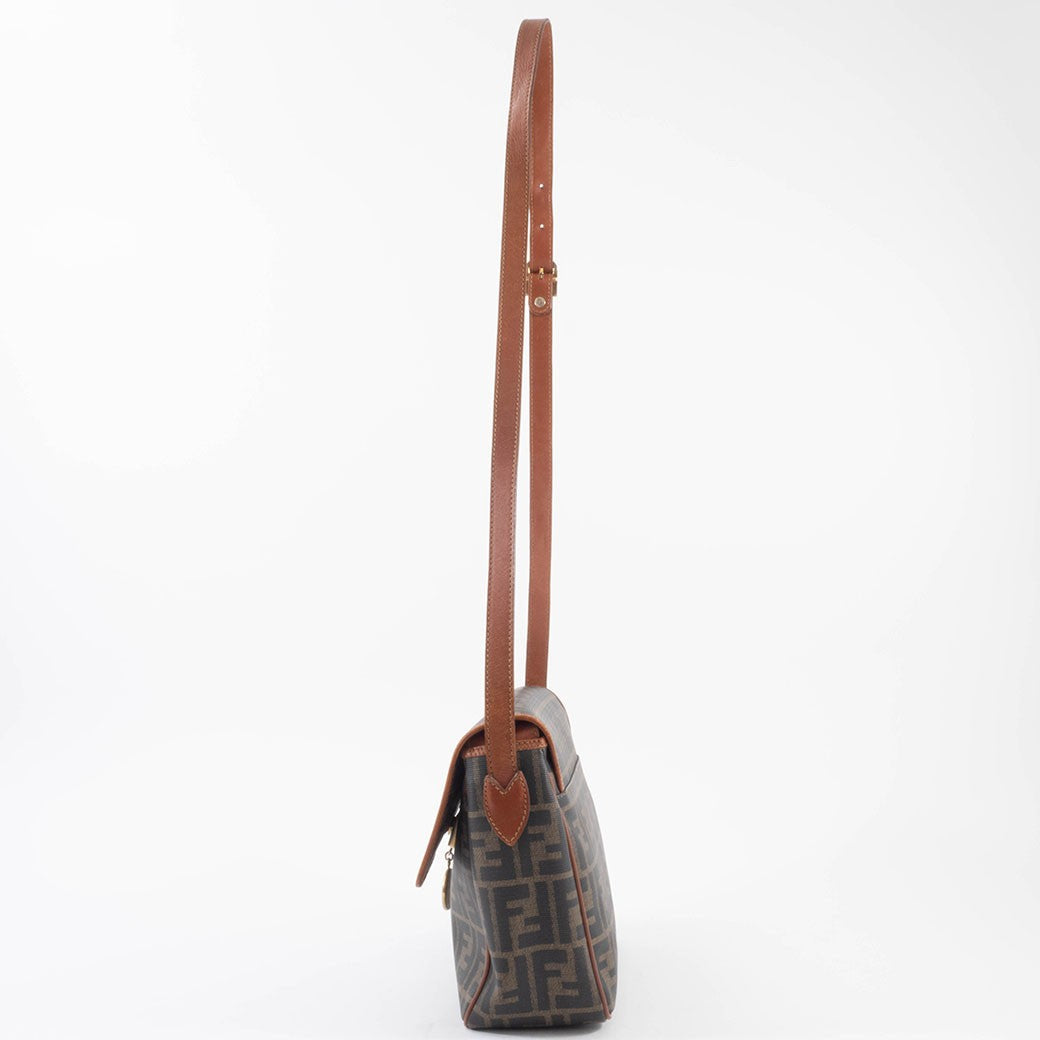 FENDI Zucca PVC Leather Crossbody Shoulder Bag FF Logo Flap Brown Preowned Auth5