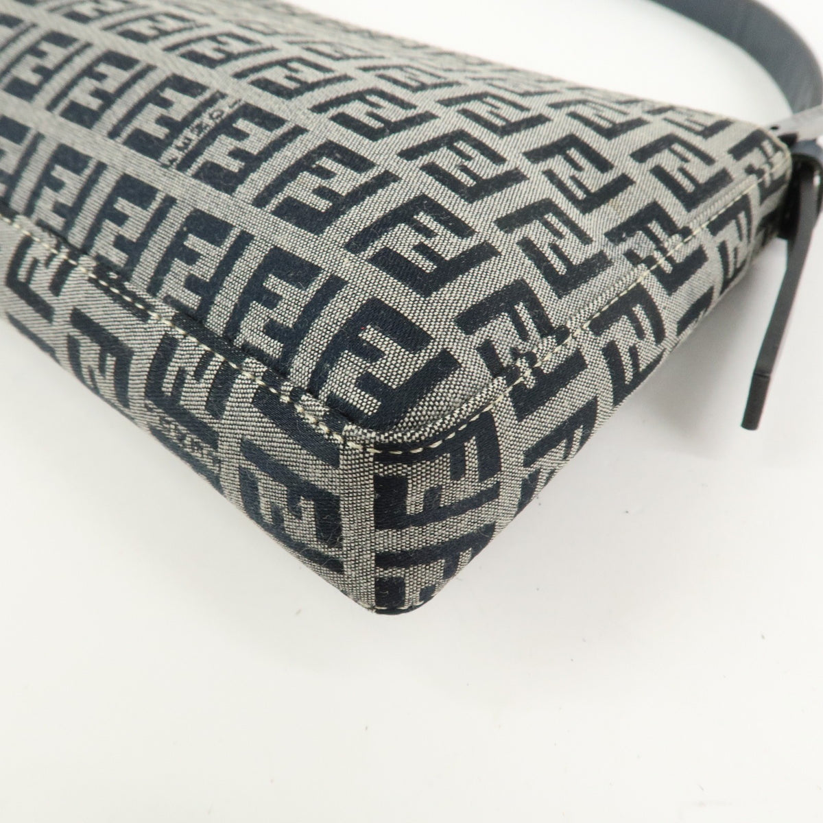 FENDI Zucchino Canvas Leather Shoulder Bag Navy Blue Logo 8BR042 Preowned Auth13
