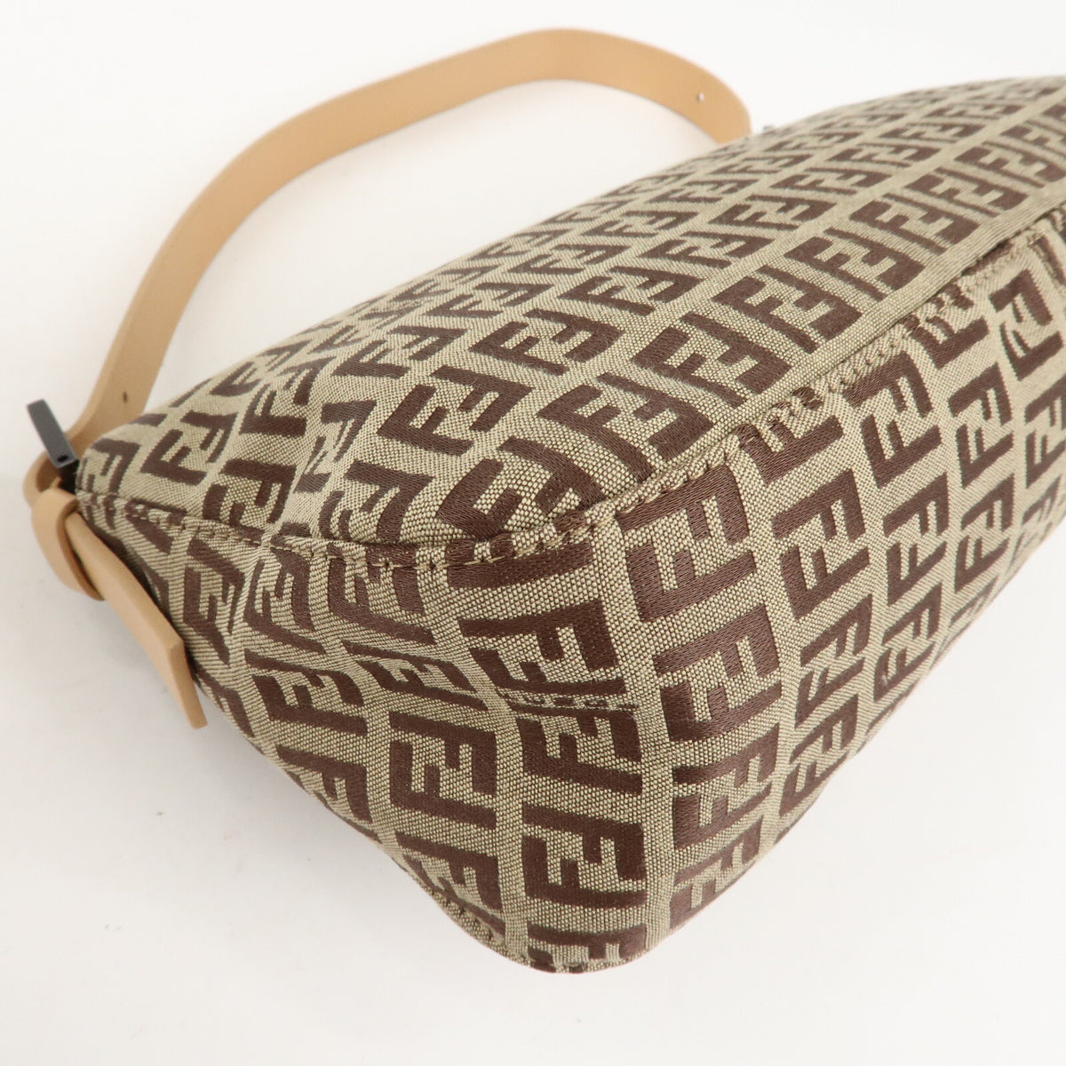 FENDI Zucchino Canvas Womens Shoulder Bag Beige Leather 8BR003 Preowned Auth14
