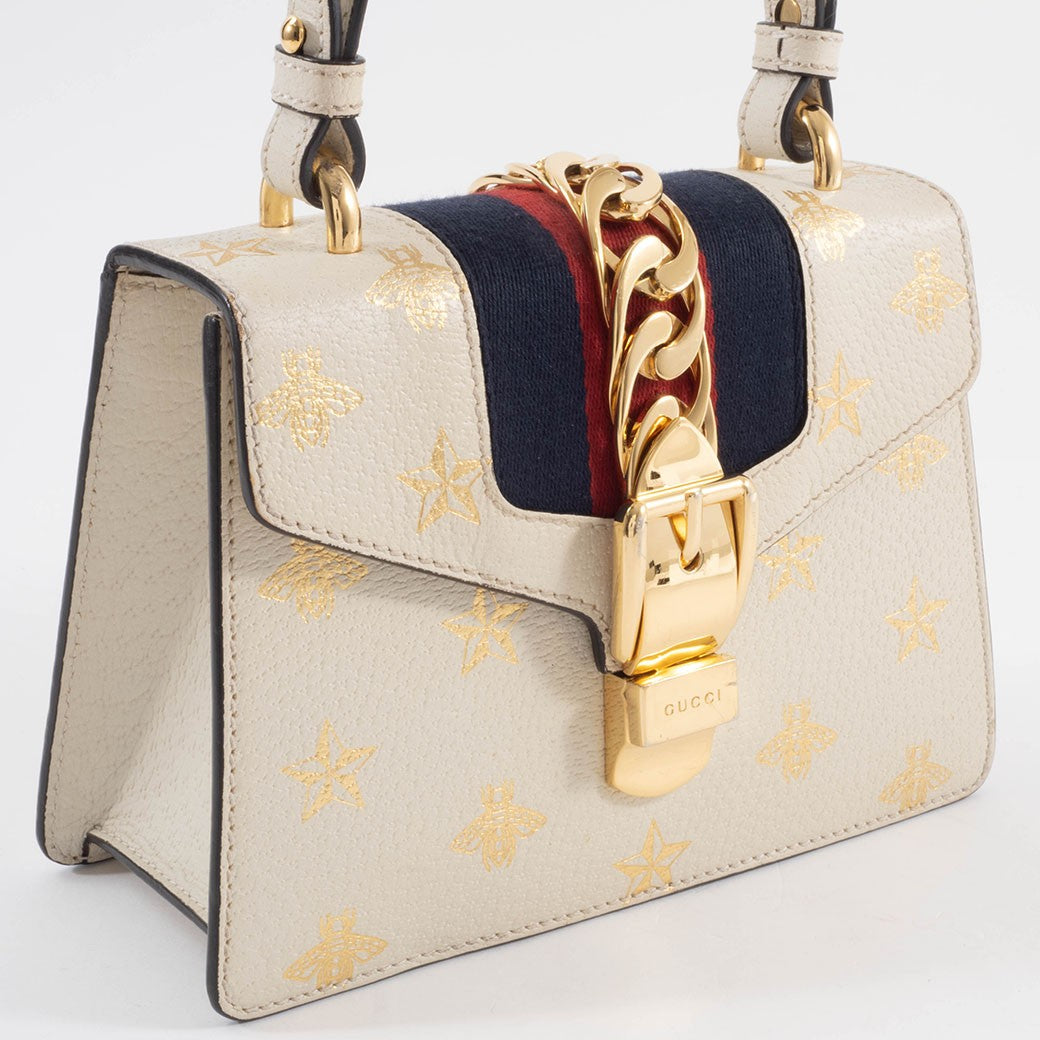 GUCCI Bee Star Mini Sylvie Convertible Handbag White Crossbody 470270 Preowned5