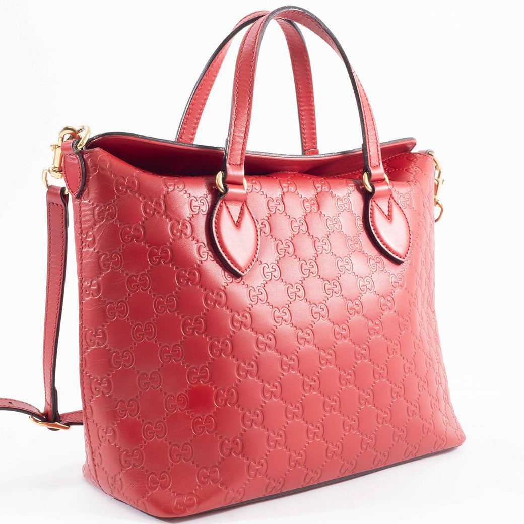 GUCCI Guccissima Leather Convertible Crossbody Shoulder Bag Tote Red Preowned4