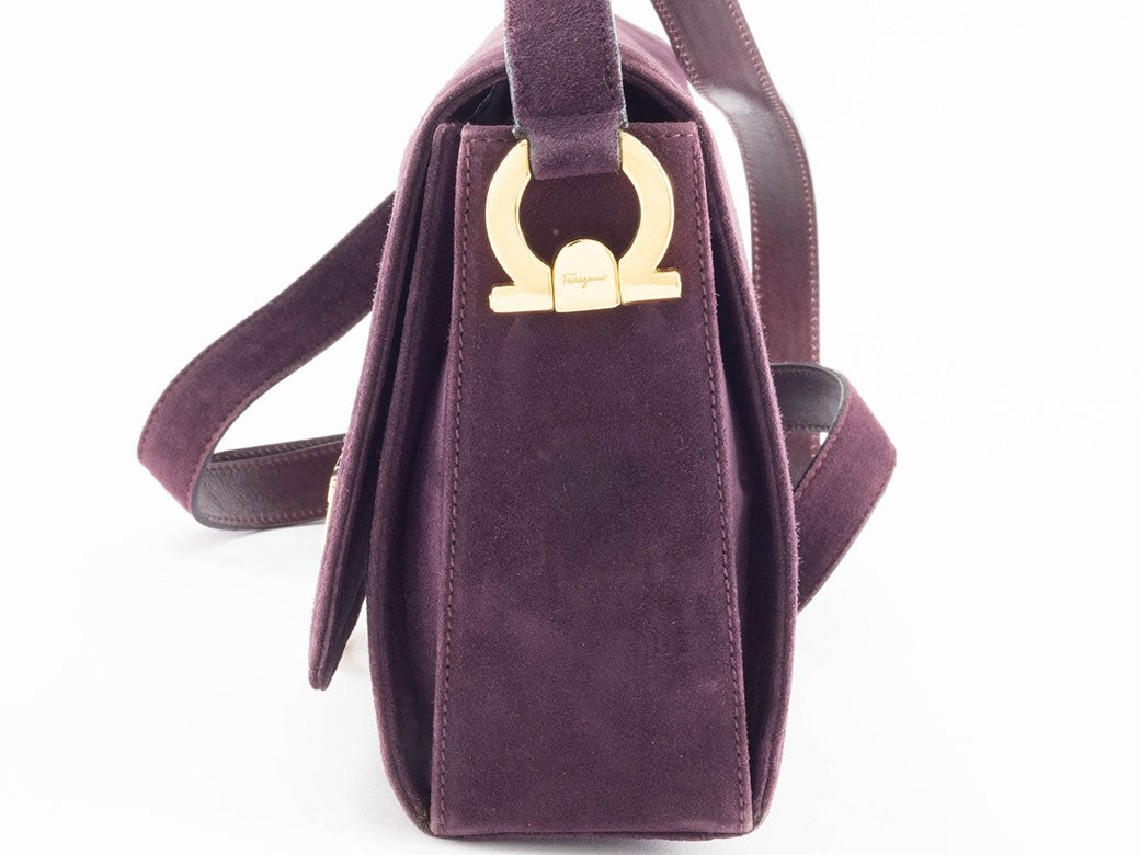 Salvatore Ferragamo Gancini Logo Crossbody Shoulder Bag Suede Purple Preowned11