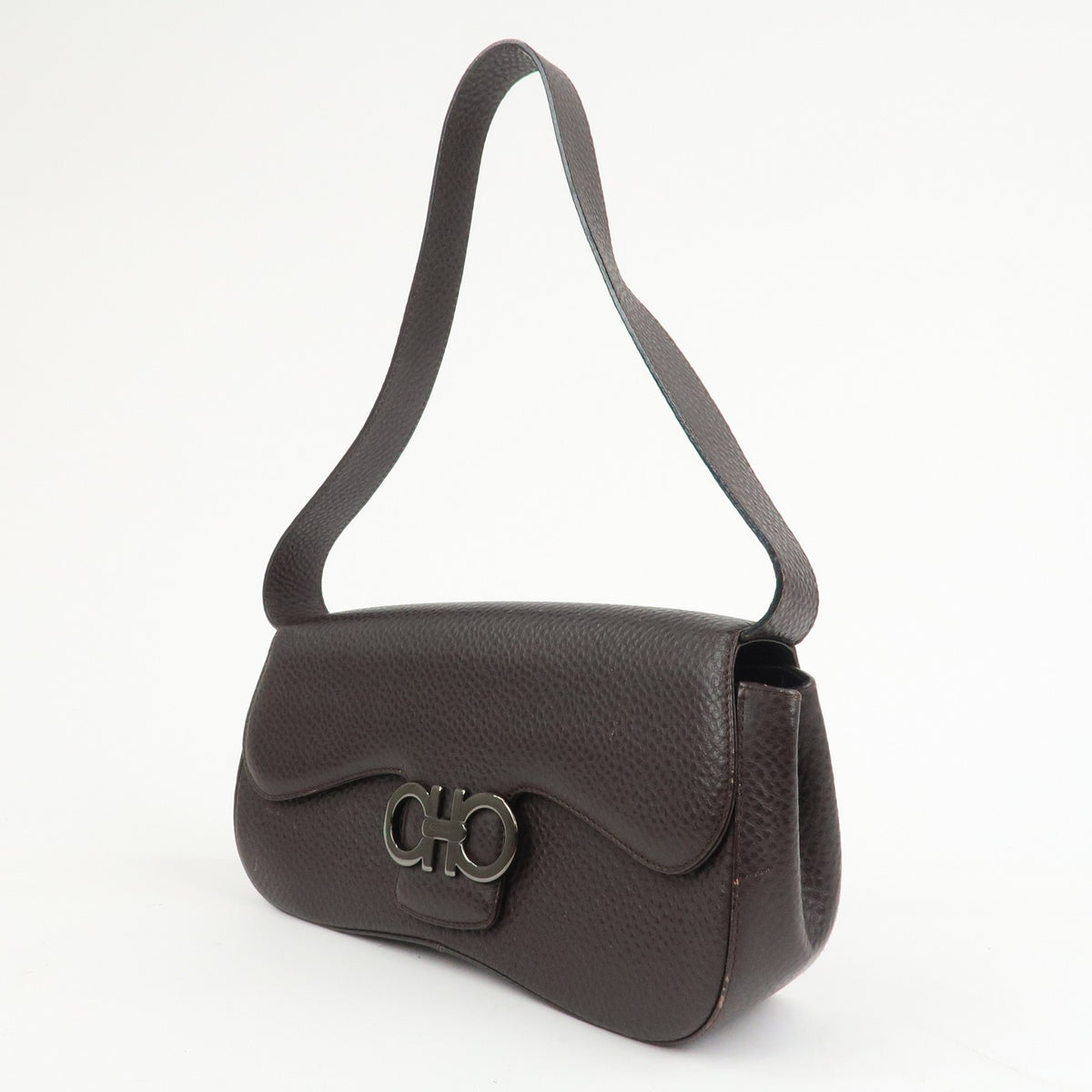 Ferragamo Gancini Logo Leather Shoulder Bag Hand Bag Brown Authentic Used F/S2