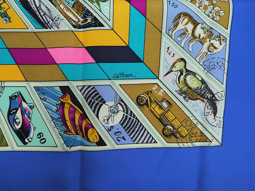 HERMES Carre 90 Scarf CORRESPONDANCE Blue Silk Stamps Latham Preowned Auth2