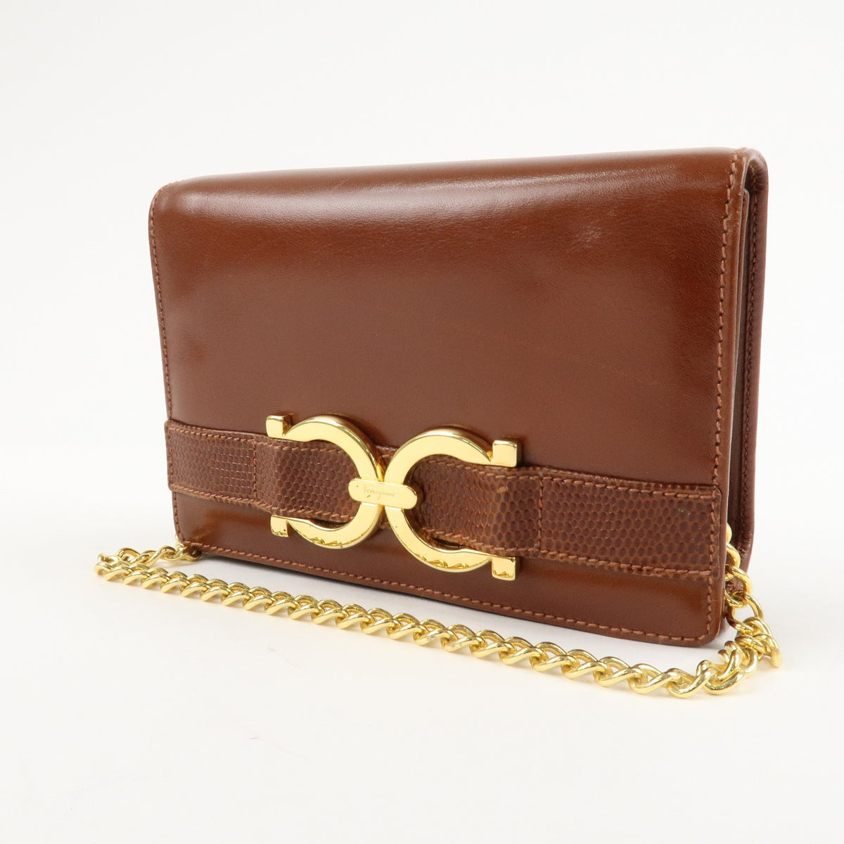 Ferragamo Gancini Leather Chain Shoulder Bag Brown Gold HDW Authentic Used F/S2