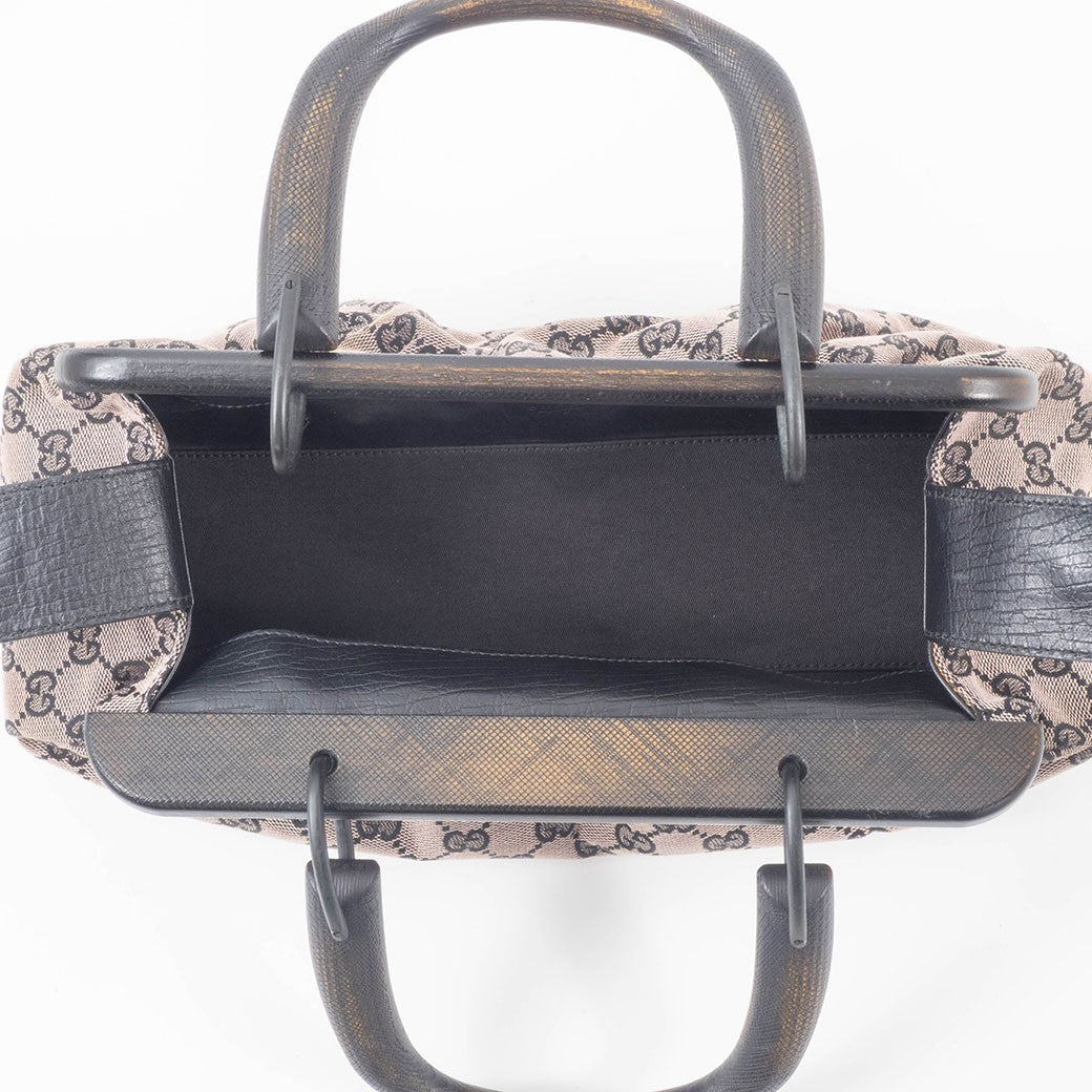 GUCCI GG Canvas Wood Handle Handbag Womens Beige Leather 112688 Preowned Auth17