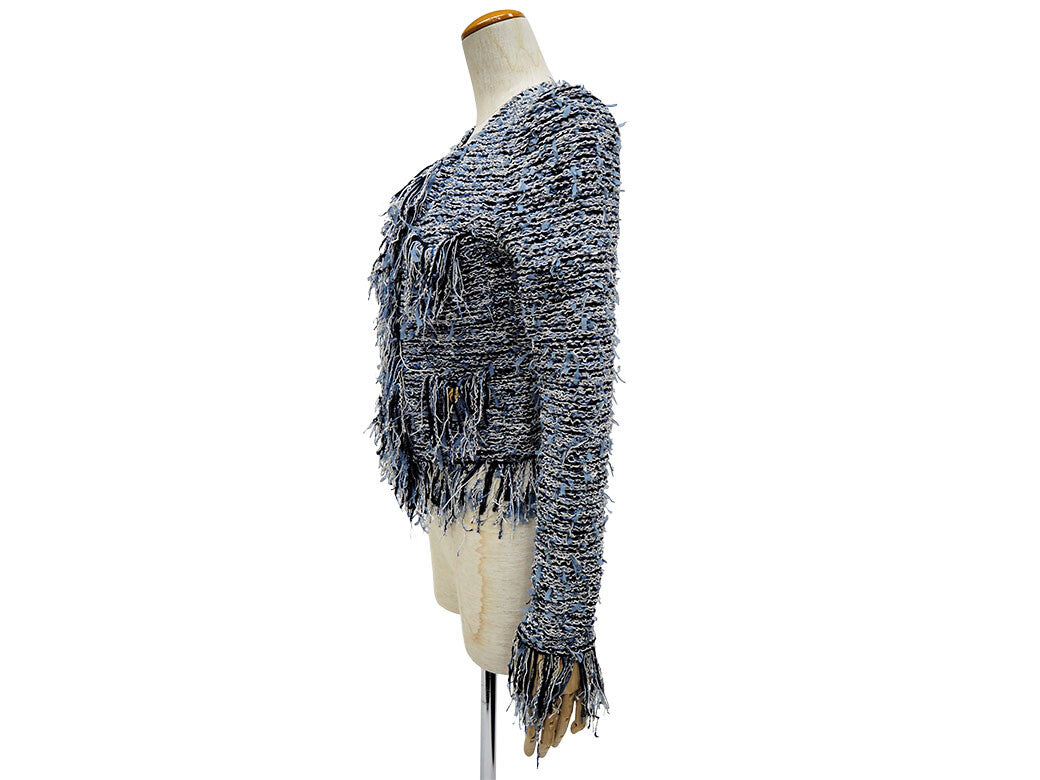 BALMAIN Tweed Fringe Jacket Navy Women's Collarless Cropped Gold Buttons 361