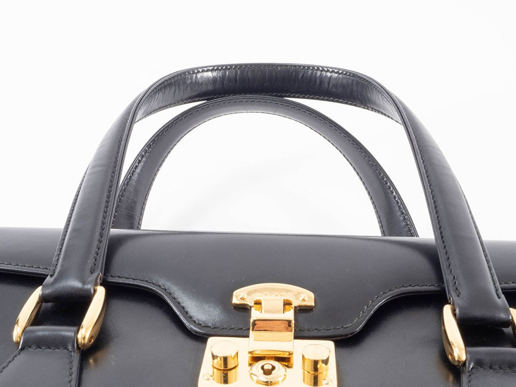 GUCCI Lady Lock Old Gucci Leather Handbag Bag Black Vintage Preowned Auth10