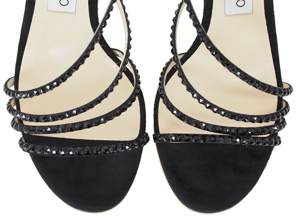 Auth Jimmy Choo Lynn100 Sandals Black Women's 38 Suede Jewel Stone Star Reuse2