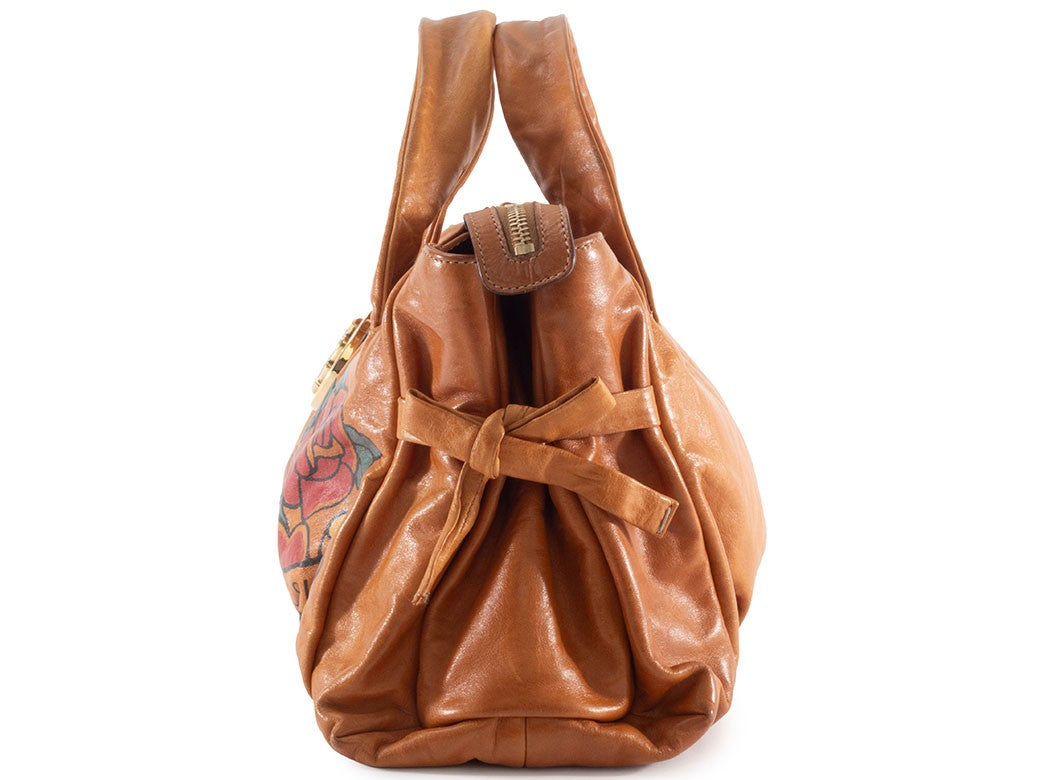 GUCCI Hysteria Floral Paint Brown Leather Handbag Flower Logo Preowned Auth3