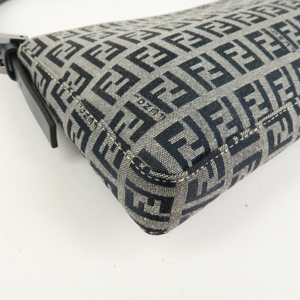 FENDI Zucchino Canvas Leather Shoulder Bag Navy Blue Logo 8BR042 Preowned Auth12