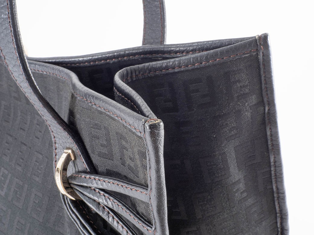 FENDI Zucchino Black Canvas Leather Shoulder Tote Bag 8BH153 Preowned Auth10