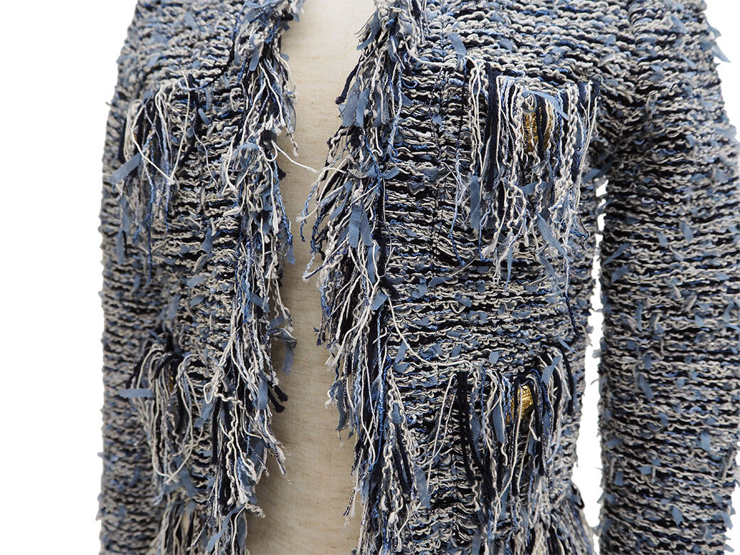 BALMAIN Tweed Fringe Jacket Navy Women's Collarless Cropped Gold Buttons 364